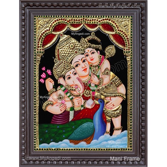 Parvathi Ganesha Murugan Tanjore Painting
