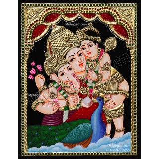 Parvathi Ganesha Murugan Tanjore Painting