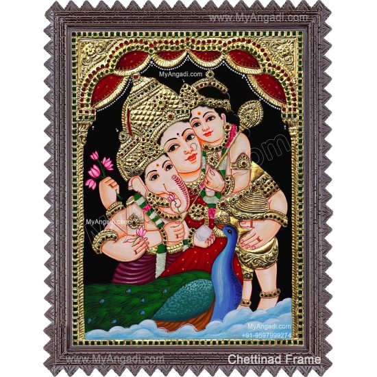 Parvathi Ganesha Murugan Tanjore Painting