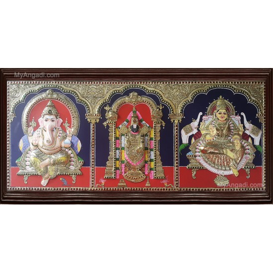 Ganesha Thirupathi Balaji Lakshmi Double Emboss Tanjore Painting Ganesha Thirupathi Balaji Lakshmi Double Emboss Tanjore Painting