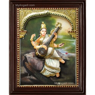 Ravi Varma Saraswathi Double Emboss Tanjore Painting