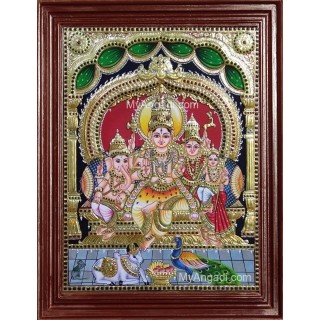 Shiva Durbar Embossed Tanjore Painting, Traditional Shiva, Parvathi, Ganesh and Murugan Tanjore Painting