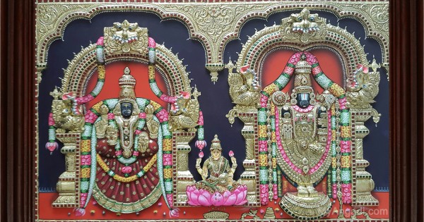 Thirupathi Balaji Padmavathi Amman Lakshmi 3D Tanjore Painting Thirupathi Balaji Padmavathi Amman Lakshmi 3D Tanjore Painting