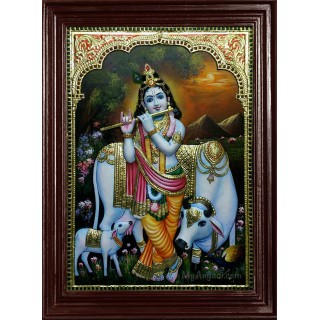 Krishna with Flute and Cow Tanjore Painting