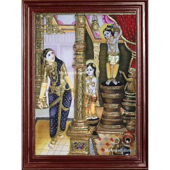 Butter Thief Krishna - Balaram - Yasodha Super Emboss Tanjore Painting