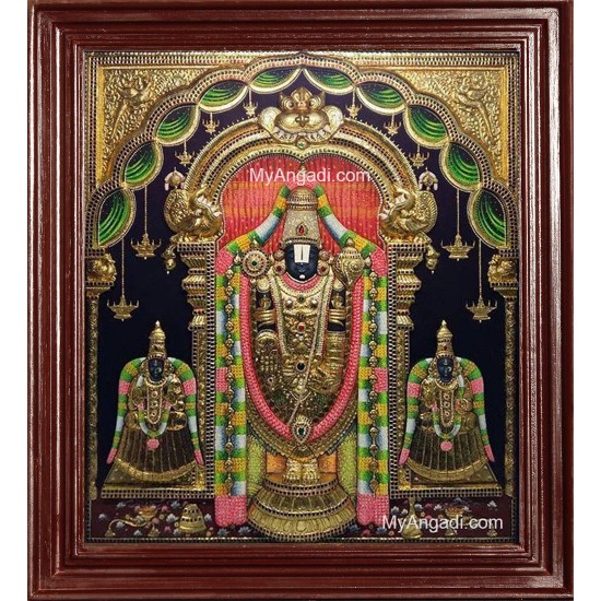 Balaji with Padmavati Thayar and Lakshmi Devi Super Emboss 3D Tanjore Painting Balaji with Padmavati Thayar and Lakshmi Devi Super Emboss 3D Tanjore Painting
