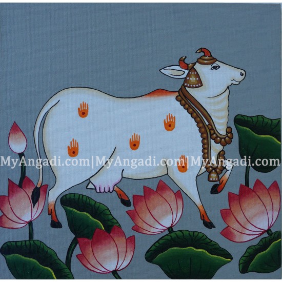 Pichwai Cow With Lotus Canvas Painting Pichwai Cow With Lotus Canvas Painting