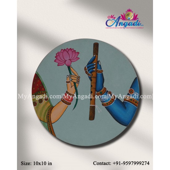Radha Krishna Holding Flute Lotus Round Canvas Painting