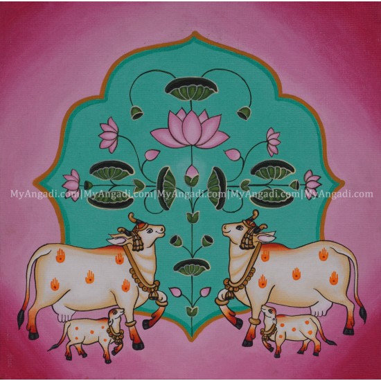 Cow Calf Lotus Canvas Painting 