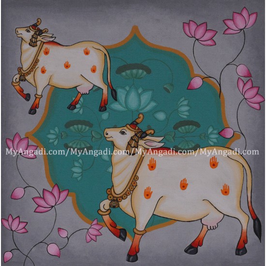 Pichwai Cow Lotus Canvas Painting 