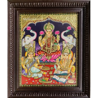 Gajalakshmi With Ganesha and Saraswathi Tanjore Painting