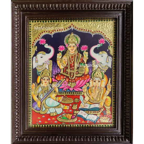 Gajalakshmi With Ganesha and Saraswathi Tanjore Painting Gajalakshmi With Ganesha and Saraswathi Tanjore Painting