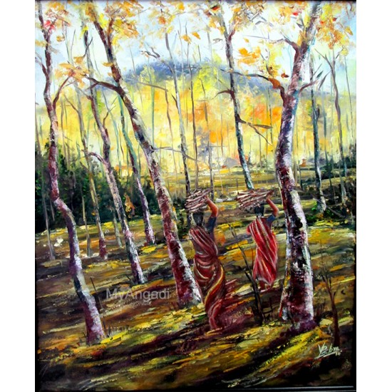 Tribal Women with Wood Logs Natural Scenary Oil Painting