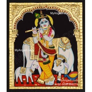  Krishna With Cow And Calf Tanjore Painting