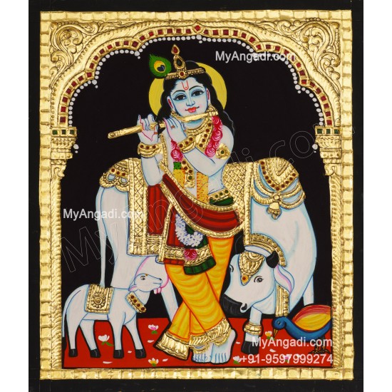  Krishna With Cow And Calf Tanjore Painting