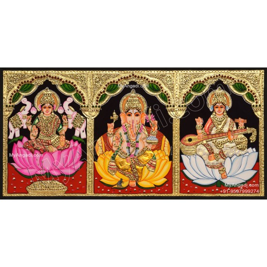 3 Panel Ganesha Lakshmi Saraswathi Tanjore Painting