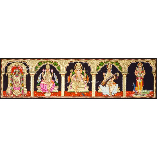 5 Panel Balaji Lakshmi Murugan Ganesha Saraswathi Tanjore Painting