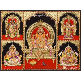 Balaji, Lakshmi, Ganesha, Saraswathi and Murugan - 5 Panel 3d Tanjore Painting