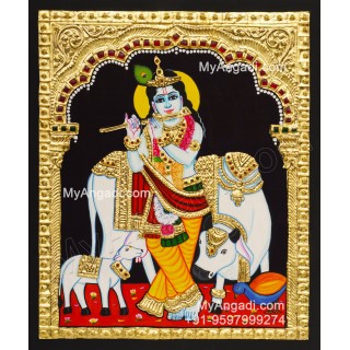 Flute Krishna With Cow and Calf Tanjore Painting