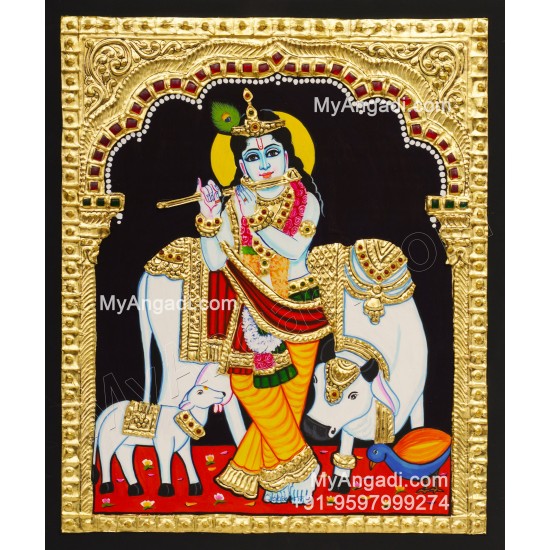 Flute Krishna With Cow and Calf Tanjore Painting