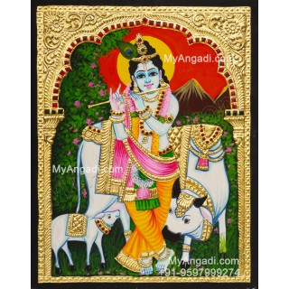 Krishna With Cow and Calf Tanjore Paintings