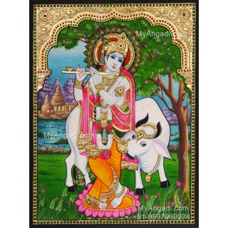 Krishna With Flute and Cow Tanjore Paintings