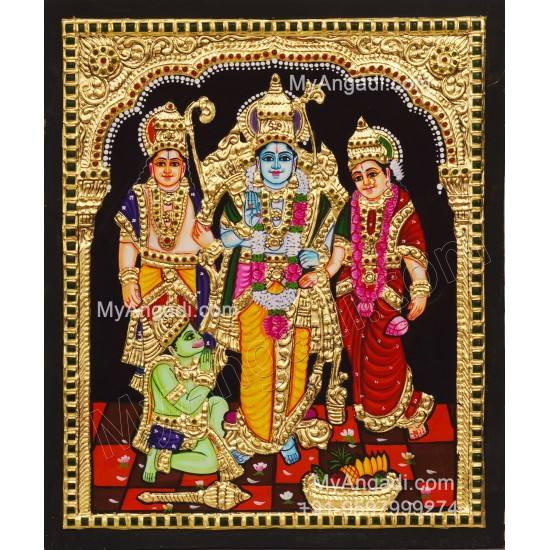 Ram Darbar - Ram with Sita, Hanuman, Lakshmanan Bharathan and Shatrughna Tanjore Painting