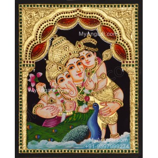 Parvathi Ganesha Murugan Tanjore Painting