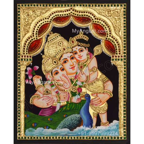 Parvathi Ganesha Murugan Tanjore Painting