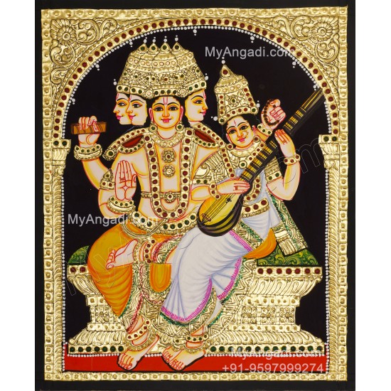 Brahma Saraswathi Tanjore Painting, Traditional Saraswathi Tanjore Painting