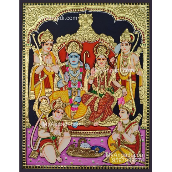 Ram Darbar - Ram with Sita, Hanuman, Lakshmanan Bharathan and Shatrughna Tanjore Painting