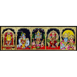 Simahadri appanna, Krishnar, Perumal with Garudan and Hanuman, Lalitha Devi, Ram Sita  5 Panel Tanjore Painting