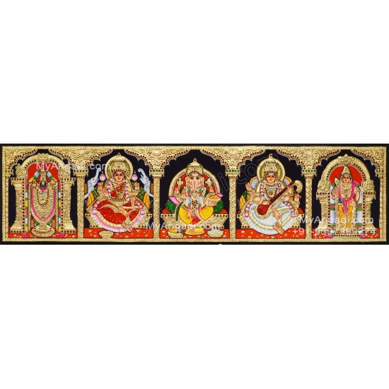 Balaji, Lakshmi, Ganesha, Saraswathi and Hanuman- 5 Panel Tanjore Painting