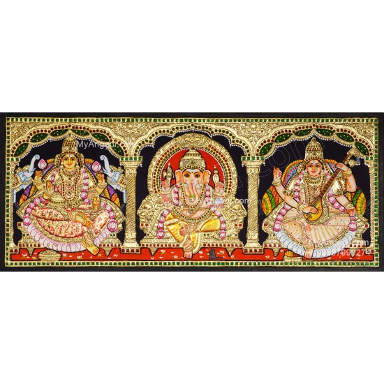 3 Panel Ganesha Lakshmi Saraswathi Tanjore Painting