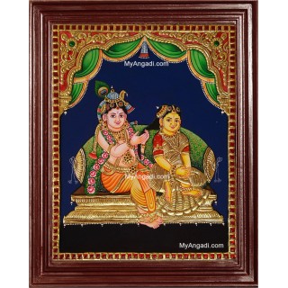 Krishna Combing Radha Hair Tanjore Painting