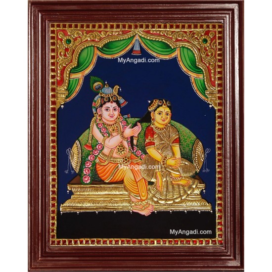 Krishna Combing Radha Hair Tanjore Painting