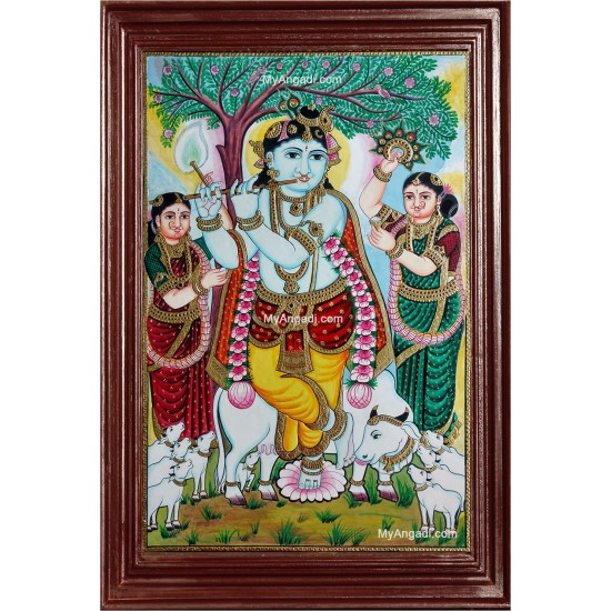 Krishna under Punnai Tree Tanjore Painting