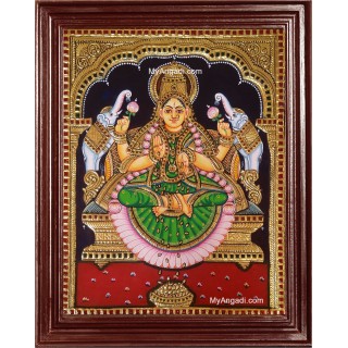 Gaja Laxmi in Green Saree Tanjore Painting