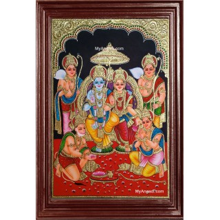 Ram Darbar - Ram with Sita, Hanuman, Lakshmanan Bharathan and Shatrughna Tanjore Painting