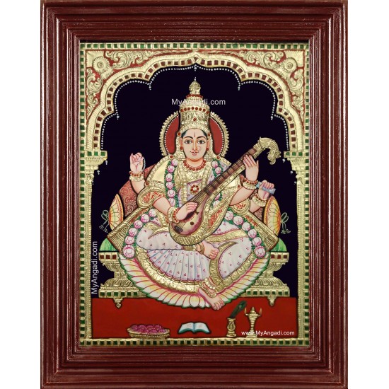 Saraswathi Devi Semi Embossed Tanjore Painting