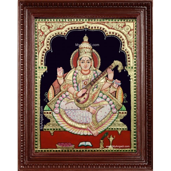 Saraswathi Devi Semi Embossed Tanjore Painting