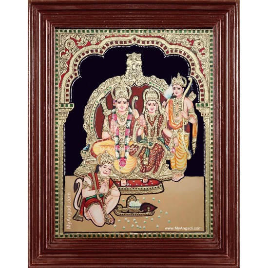 Shri Ramar Sita Devi Lakshmanan Hanuman Semi Embossed Tanjore Painting