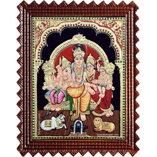 Lord Shiva Parvathi Ganesh Murugan Semi Embossed Tanjore Painting