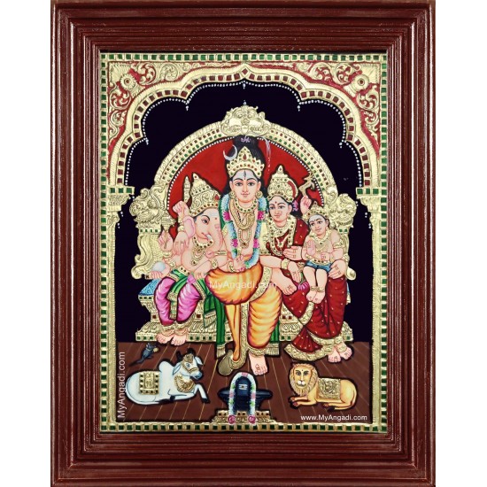 Lord Shiva Parvathi Ganesh Murugan Semi Embossed Tanjore Painting