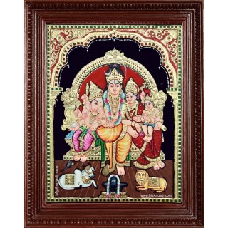 Lord Shiva Parvathi Ganesh Murugan Semi Embossed Tanjore Painting