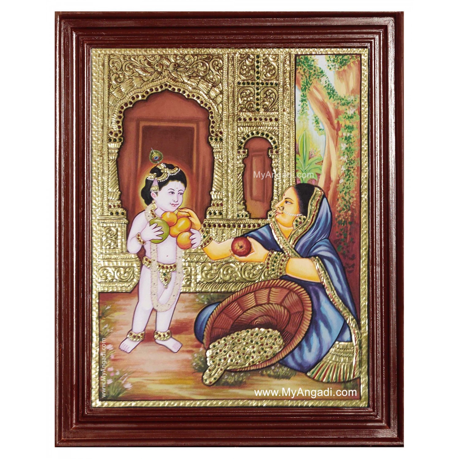 Krishna Buying Fruits Tanjore Painting, Krishna Buying Fruits Tanjore