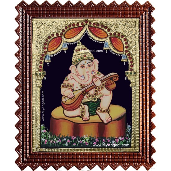 Music Ganesha Playing Veenai Tanjore Painting