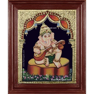 Music Ganesha Playing Veenai Tanjore Painting