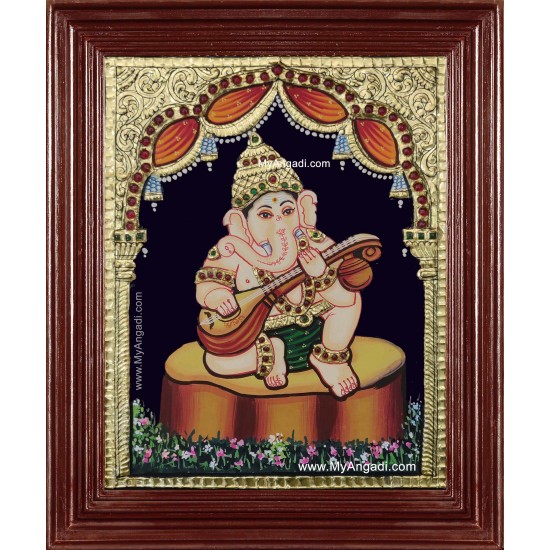 Music Ganesha Playing Veenai Tanjore Painting