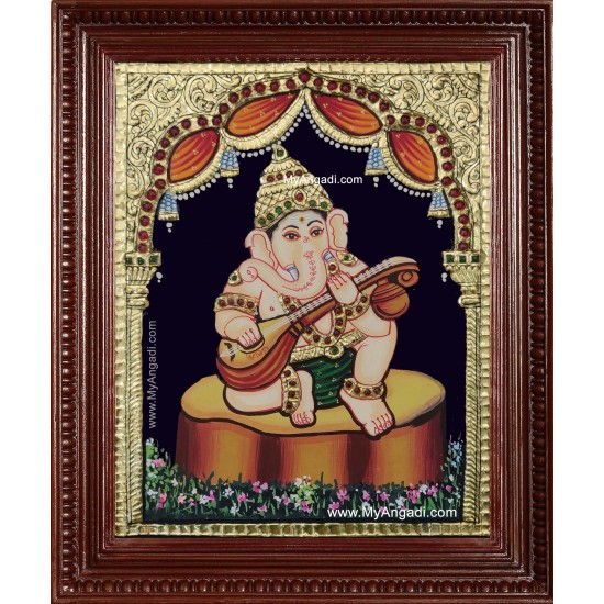 Music Ganesha Playing Veenai Tanjore Painting